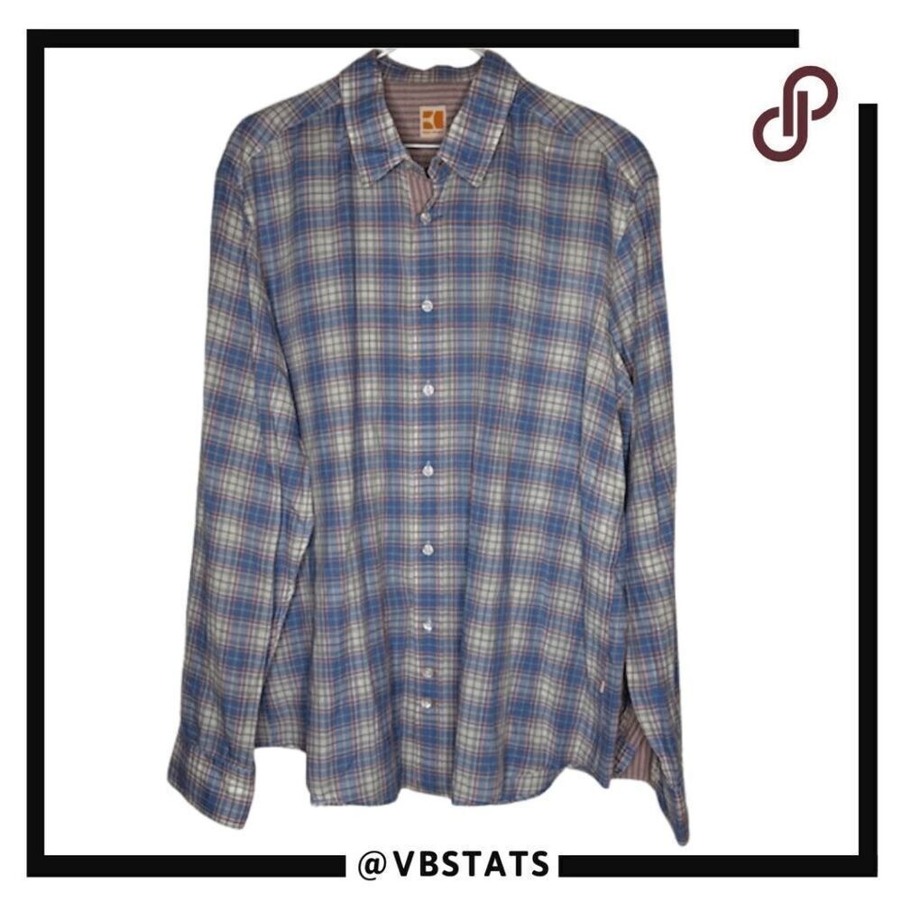 Boss Orange Men's Plaid Long Sleeve Button Down Shirt Blue Gray‎ Size 2XL - Picture 2 of 7